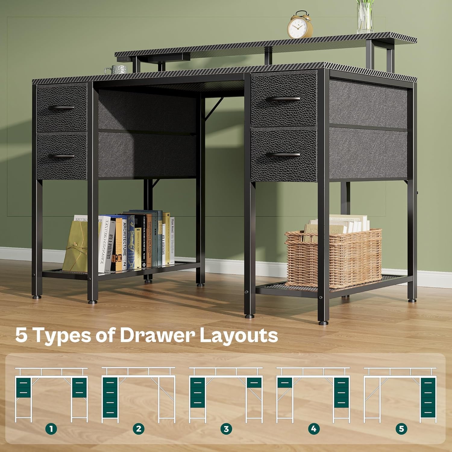 47-Inch Carbon Fibre Black Computer Desk with 4 Drawers, LED Lighting, and Power Outlets - Ideal for Home Office and Gaming with Ample Storage Space