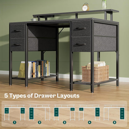 47-Inch Carbon Fibre Black Computer Desk with 4 Drawers, LED Lighting, and Power Outlets - Ideal for Home Office and Gaming with Ample Storage Space