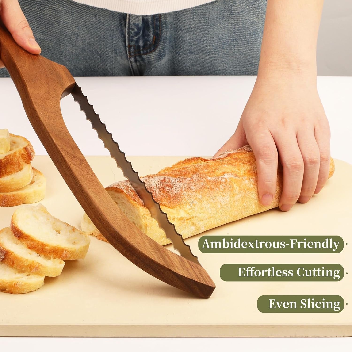 Serrated Bread Knife with Accessories - 15.7" Acacia Wood Bow, Double Serrated Stainless Steel Blades, Sourdough Bread Knife for Homemade Bread Sourdough, Bagels, Baguettes, Cheese, Fruit, Cake