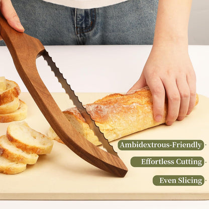 Serrated Bread Knife with Accessories - 15.7" Acacia Wood Bow, Double Serrated Stainless Steel Blades, Sourdough Bread Knife for Homemade Bread Sourdough, Bagels, Baguettes, Cheese, Fruit, Cake