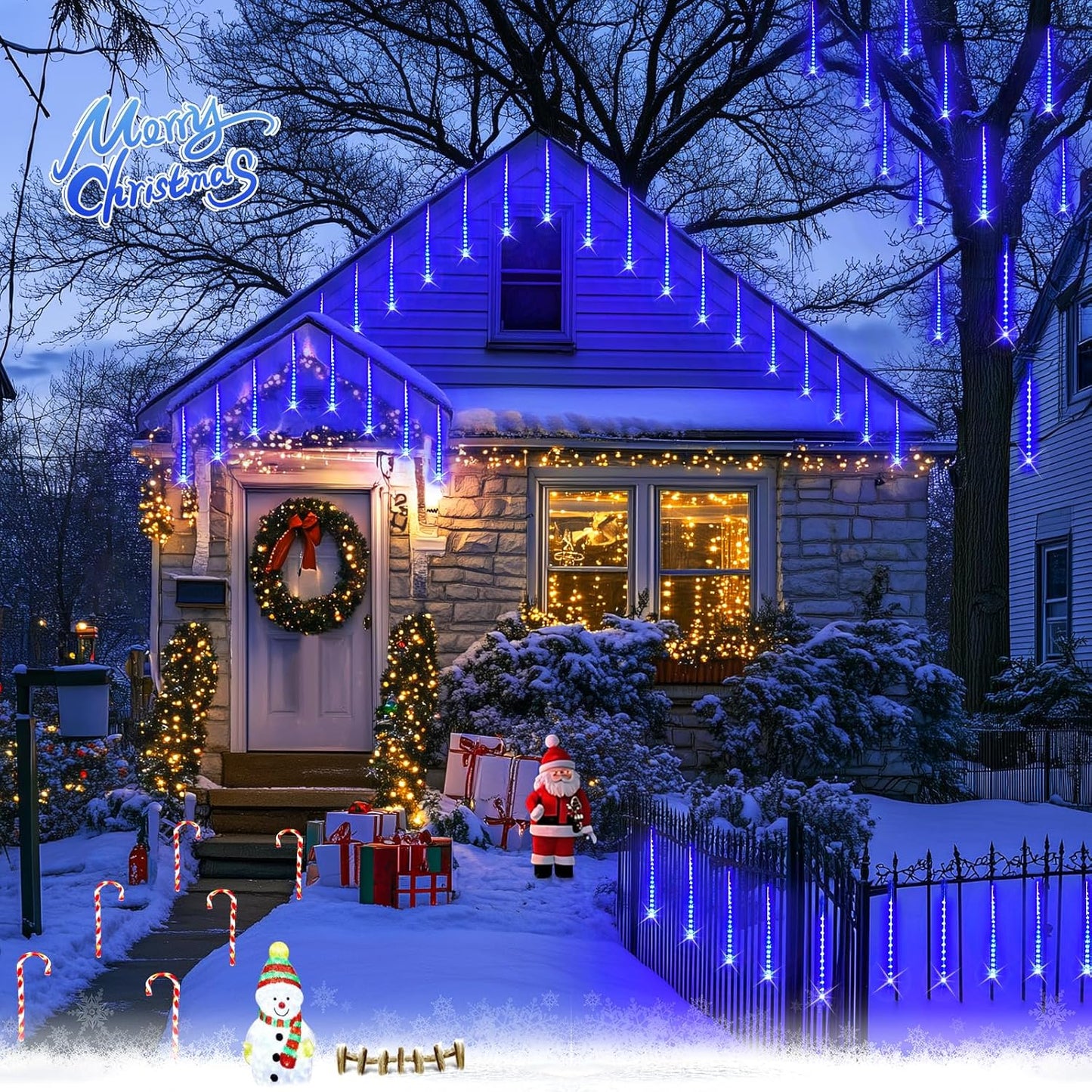 Solar Christmas Lights Outdoor, 8 Tube 144 Leds Solar Meteor Shower Lights Outdoor, Hanging Christmas Light for Gazebo Tree Icicle Garden Yard Party Patio Xmas Decor (Blue)