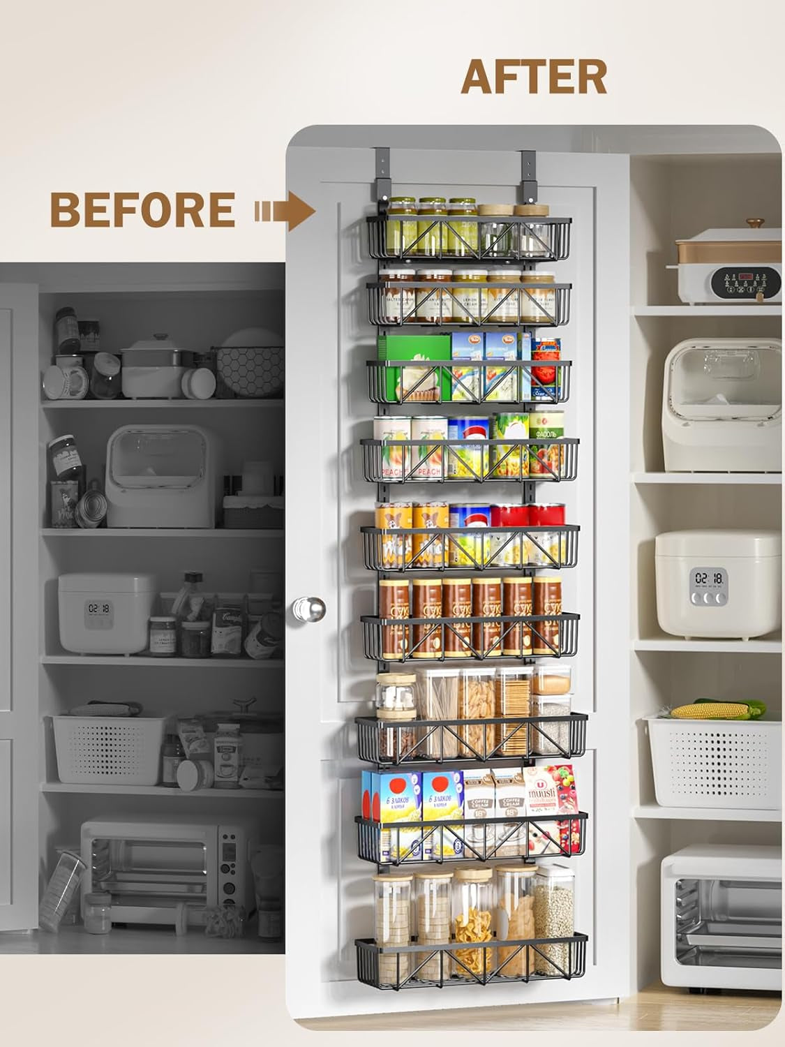 Adjustable over the Door Pantry Organizer, 9-Tier Metal Pantry Organization and Storage for Kitchen, Hanging Spice Rack Seasoning Shelves, Cabinet Door Organizer for Easy Install, 16" Black