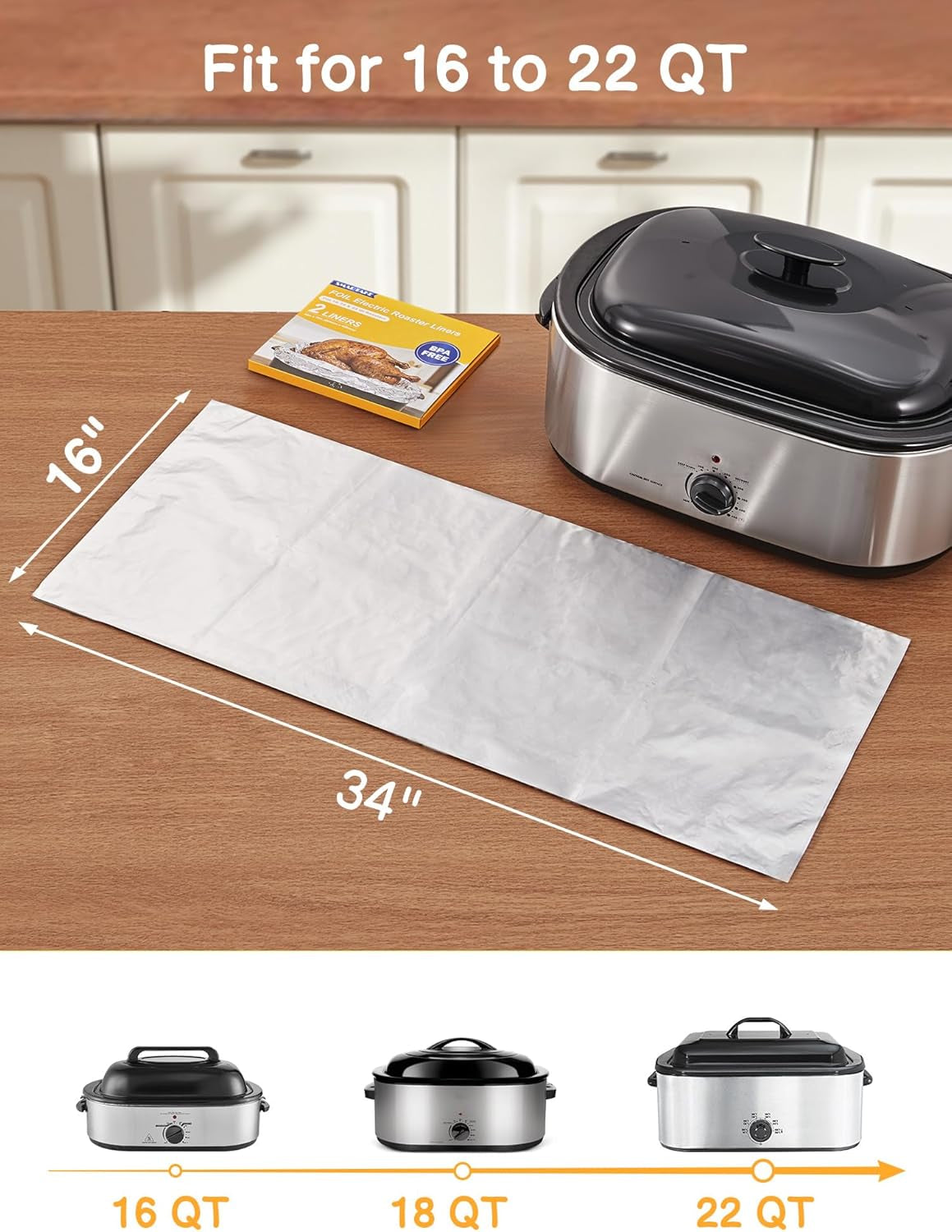Foil Electric Roaster Liners, 2-Count Disposable Turkey Oven Cooking Bags, Fits 16, 18, 22 Quart Roaster Pan, Instant Cleanup for Thanksgiving Christmas, 16 X 34 Inch