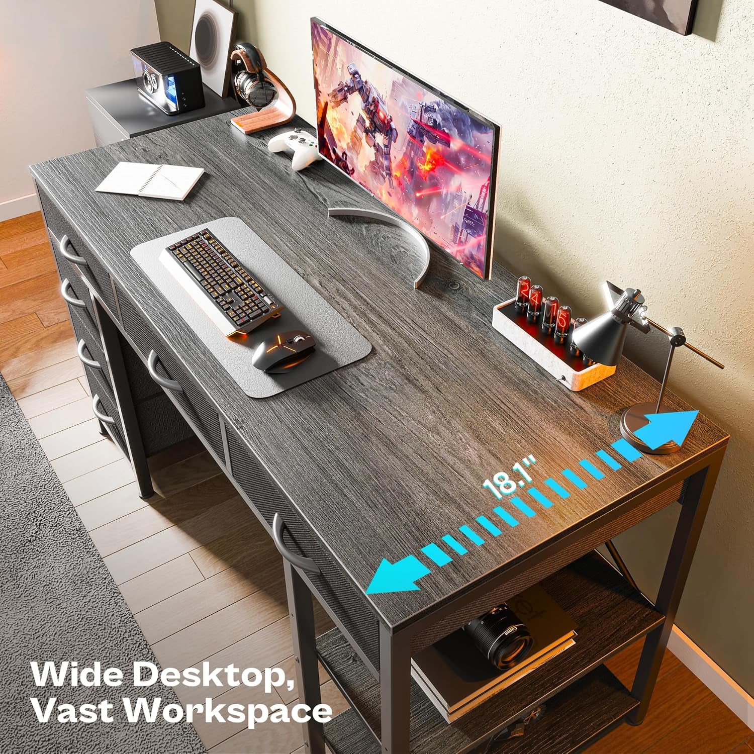 47-Inch Computer Desk with 6 Drawers and Shelves, Reversible Gaming and Corner Desk with Storage for Home Office and Living Room, Gray