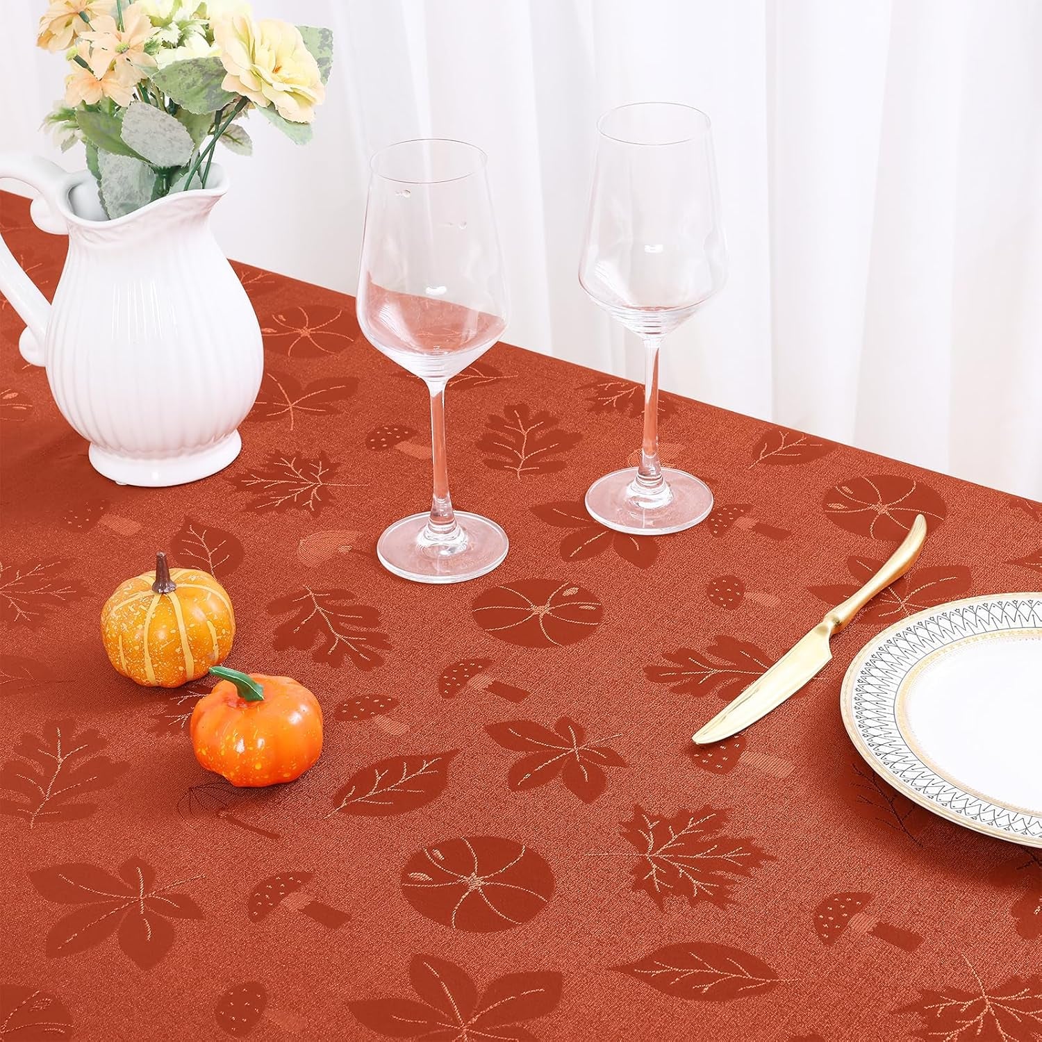 Rectangle Thanksgiving Tablecloth, Waterproof Jacquard Fall Table Cloth, Damask Cloth Table Cover for Harvest Decor (60" X 84", Rust Leaves Pattern)