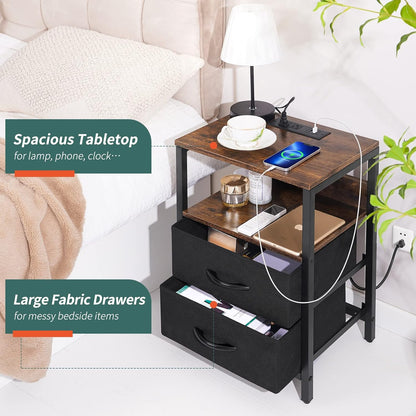 Nightstand with Charging Station, Small Night Stand with Fabric Drawers and Storage Shelf for Bedrooms, Nightstands for Small Spaces, Bedside Table with USB Ports & Outlets, Bed Side Table
