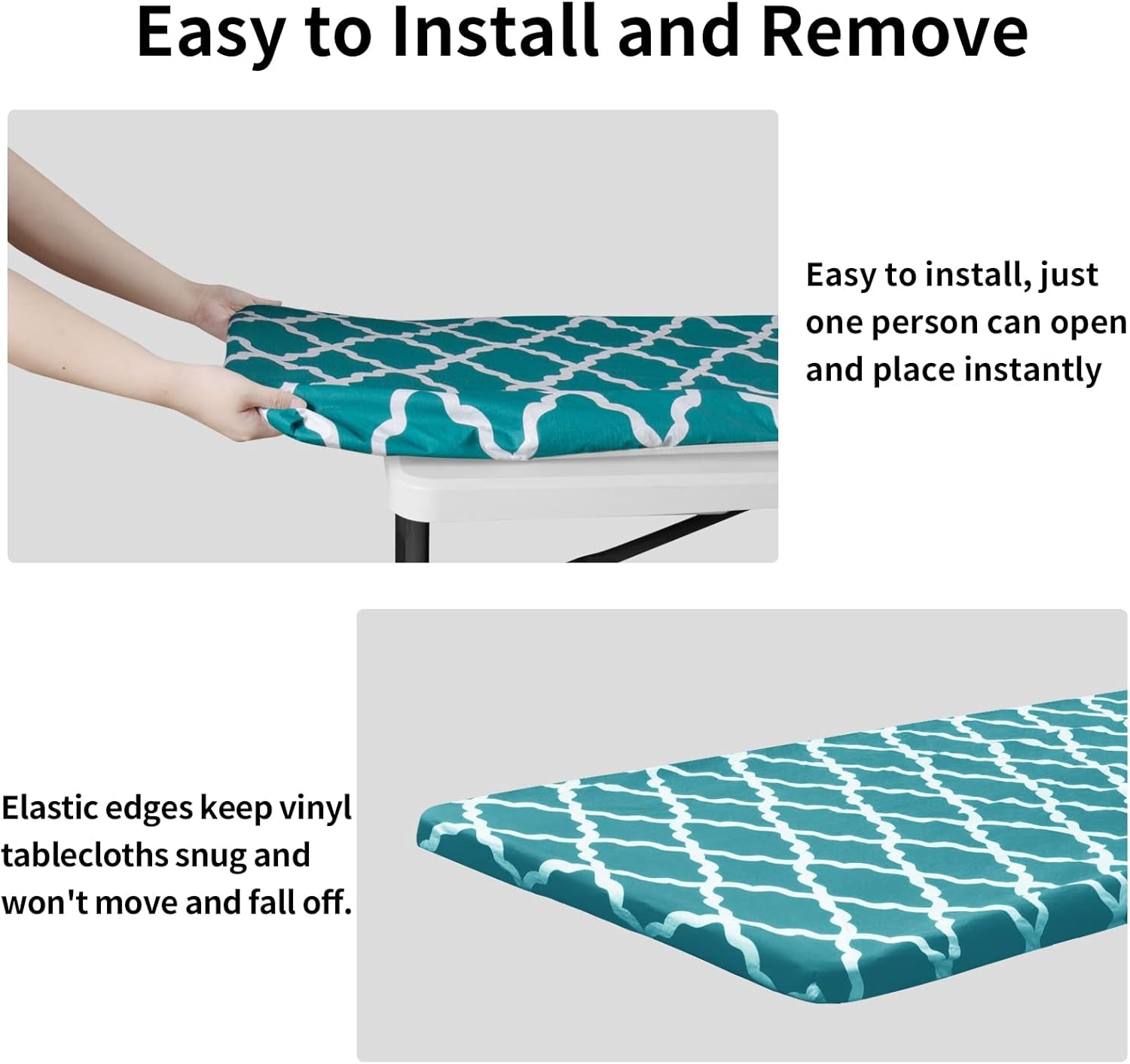 100% Waterproof Picnic Outdoor Tablecloth with Bench Covers Fit 6 Foot Rectangle Table, 3-Piece Set Camping Table Cover with Seat Covers (30X72 In, Moroccan/Teal & White)