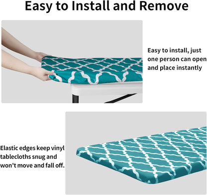 100% Waterproof Picnic Outdoor Tablecloth with Bench Covers Fit 6 Foot Rectangle Table, 3-Piece Set Camping Table Cover with Seat Covers (30X72 In, Moroccan/Teal & White)