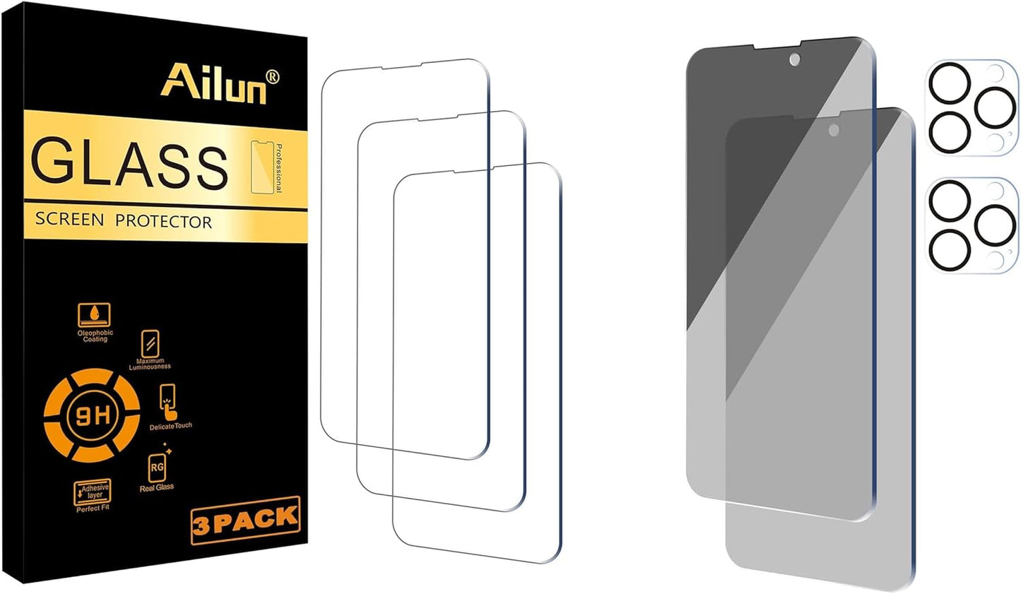 Iphone 14/14 Pro [6.1 Inch] Glass Screen Protector 3 Pack and Privacy Screen Protector for Iphone 14 Pro[6.1 Inch Display] 2 Pack +Camera Lens Protector 2 Pack