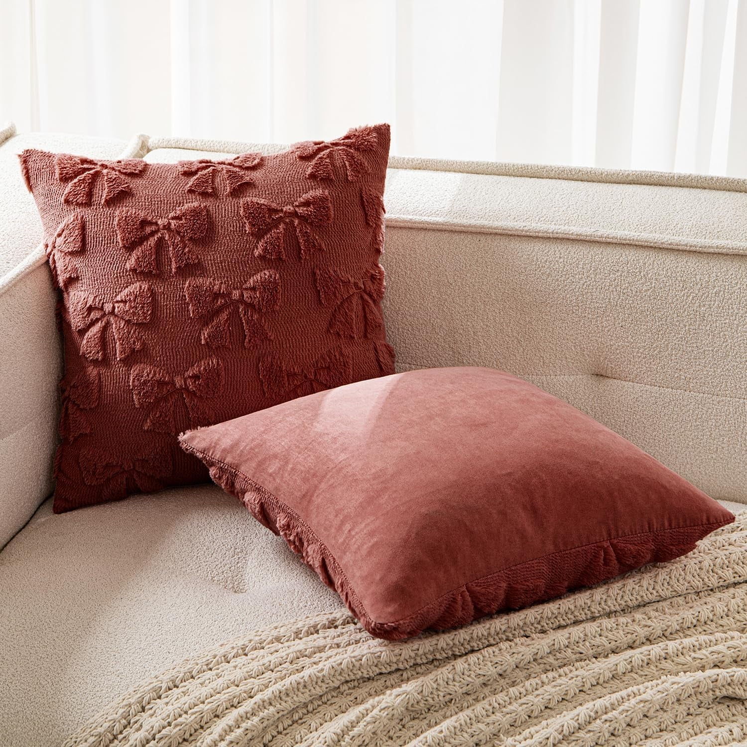 Burgundy Bow Decorative Pillow Covers - Set of 2 Soft Plush Faux Cases for Aesthetic Room Decor, 18x18 Inches