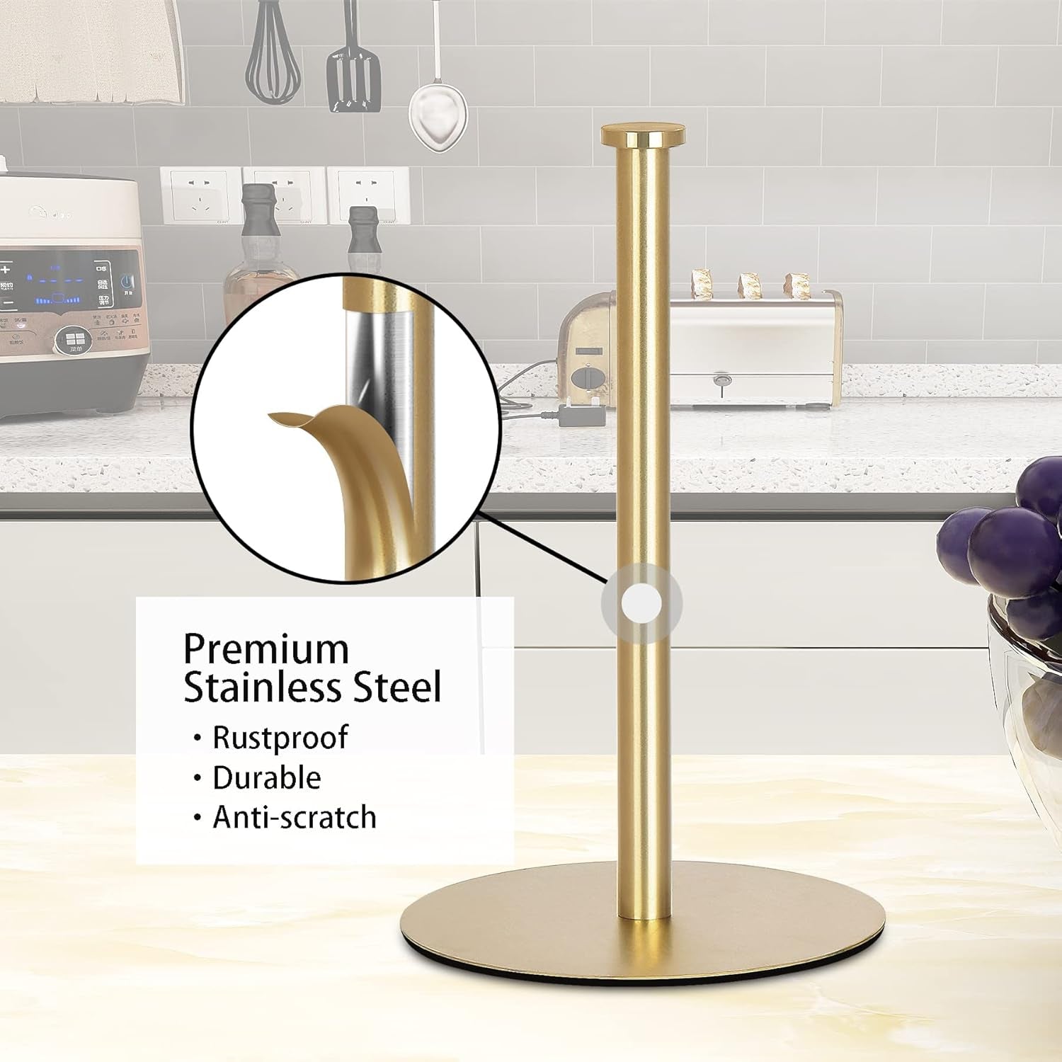Gold Paper Towel Holder Countertop, , Kitchen Paper Towel Holder Stand for Kitchen and Bathroom Organization and Storage, Paper Towel Holders for Standard and Large Size Rolls (Gold)