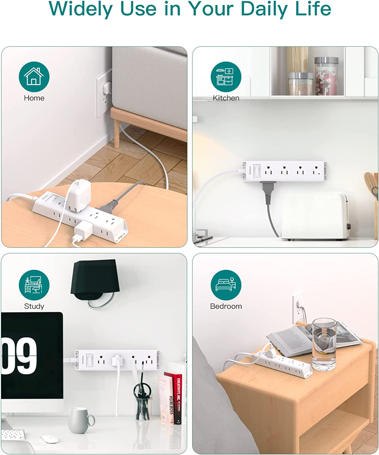 Flat Plug Power Strip, Ultra Thin Flat Extension Cord -  12 Widely AC 3 Sides Multiple Outlets, 5Ft, 1050J Surge Protector, Wall Mount, Desk Charging Station for Home Office Dorm Room Essentials