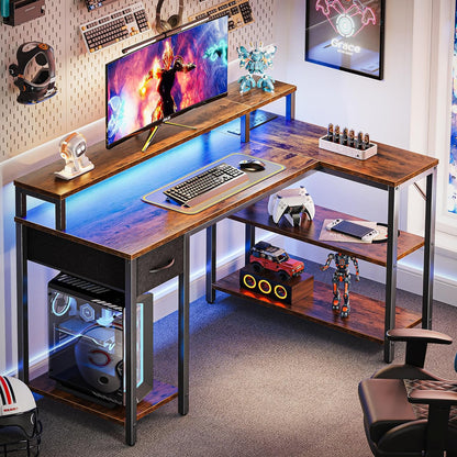 47-Inch Reversible L-Shaped Desk with LED Lighting and Power Outlets, Featuring Shelves, Monitor Stand, Drawer, and Rustic Brown Finish for Home Office and Gaming Use