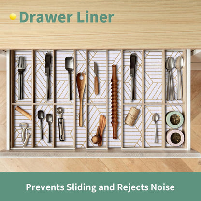 Gold and White Shelf Liners for Kitchen Cabinets Non Adhesive Cabinet Liner Strong Non-Slip Thickened Easy to Clean for Shelf Cabinet with Knife and Tape Measure