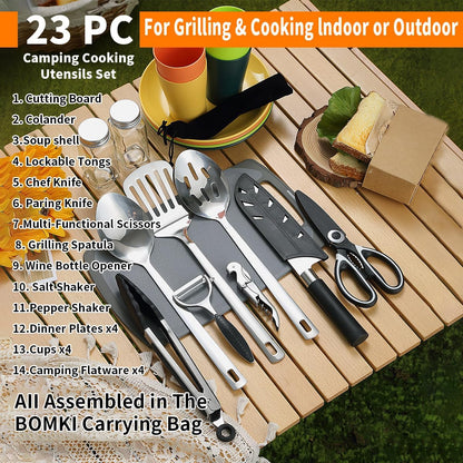 Camping Essentials: Comprehensive Cooking Utensils Set with Silverware, Plates, and Cups for Outdoor Activities, Picnics, and BBQs
