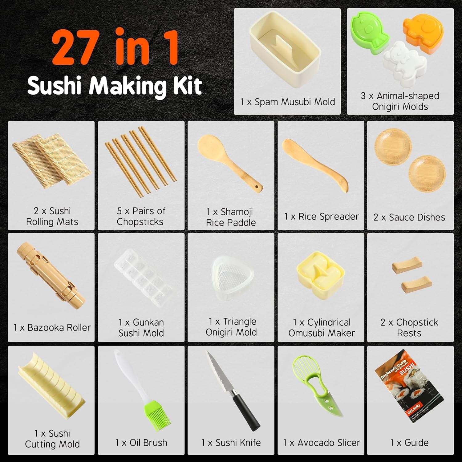 Sushi Making Kit 27 in 1 [Parent-Child] Sushi Kit, for Beginners/Pros Sushi Makers, with Bamboo Sushi Mats, Sushi Bazooka, Onigiri Mold, Rice Paddle, Sushi Knife, Guide Book & More