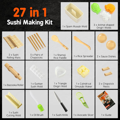 Sushi Making Kit 27 in 1 [Parent-Child] Sushi Kit, for Beginners/Pros Sushi Makers, with Bamboo Sushi Mats, Sushi Bazooka, Onigiri Mold, Rice Paddle, Sushi Knife, Guide Book & More