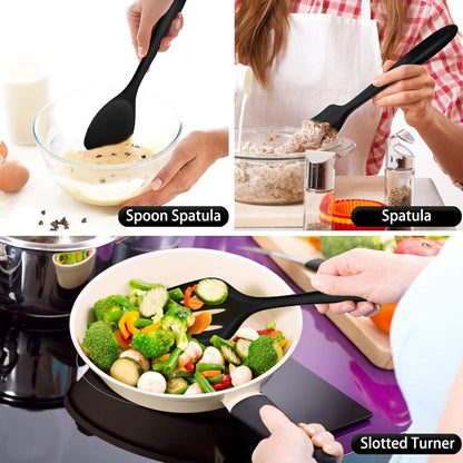 Silicone Cooking Utensils Set of 7, Heat-Proof Kitchen Utensils Set for Nonstick Cookware, Non-Stick Spatula, Slotted Turner, Soup Ladle, Pasta Server, Spoon for Cooking Serving - Black