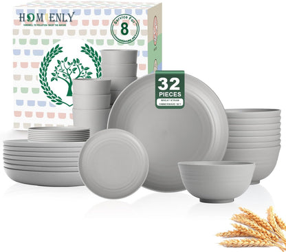 32-Piece Wheat Straw Dinnerware Set for 8 - Unbreakable Grey Plates, Bowls, and Cups, Microwave and Dishwasher Safe, Ideal for Outdoor Camping