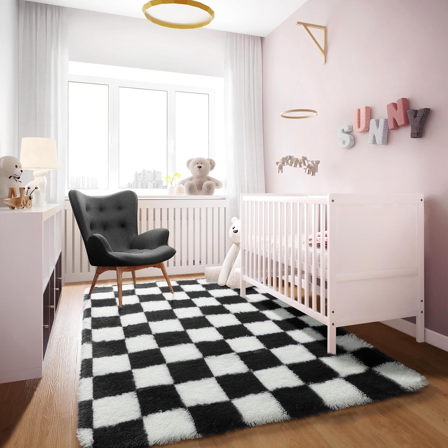 Black and White Checkered Fluffy Area Rug, 4x6 Soft Shag Carpet for Bedroom and Living Room, Plush Indoor Floor Decor for Kids and Teens