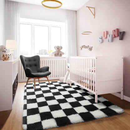 Black and White Checkered Fluffy Area Rug, 4x6 Soft Shag Carpet for Bedroom and Living Room, Plush Indoor Floor Decor for Kids and Teens