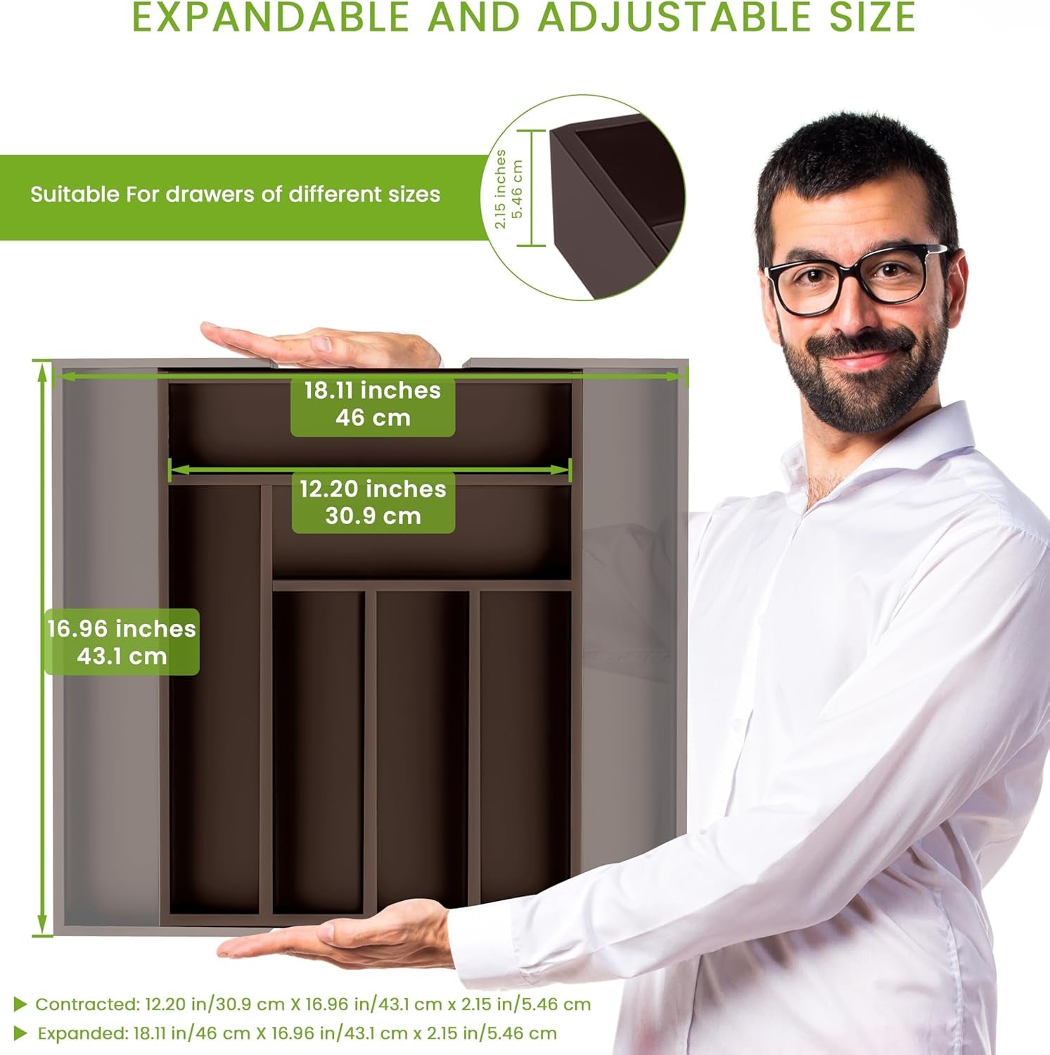 Expandable Drawer Organizer, Adjustable Kitchen Drawer Organizer, Bamboo Drawer Dividers Organizer for Kitchen, Silverware, Flatware, Living Room (Brown, 6-8 Compartment (1-Pack))