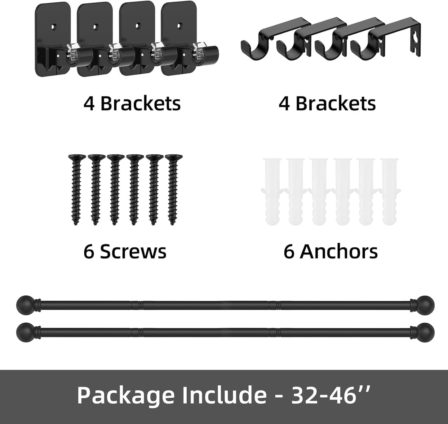 2 Pack Black Curtain Rods No Drilling, 5/8 Inch Renter Friendly Curtain Rod for Windows 28 to 48 with 2 Types of Brackets