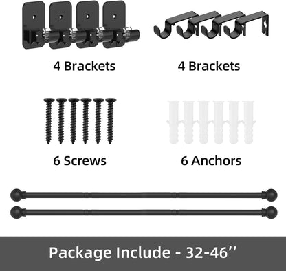 2 Pack Black Curtain Rods No Drilling, 5/8 Inch Renter Friendly Curtain Rod for Windows 28 to 48 with 2 Types of Brackets