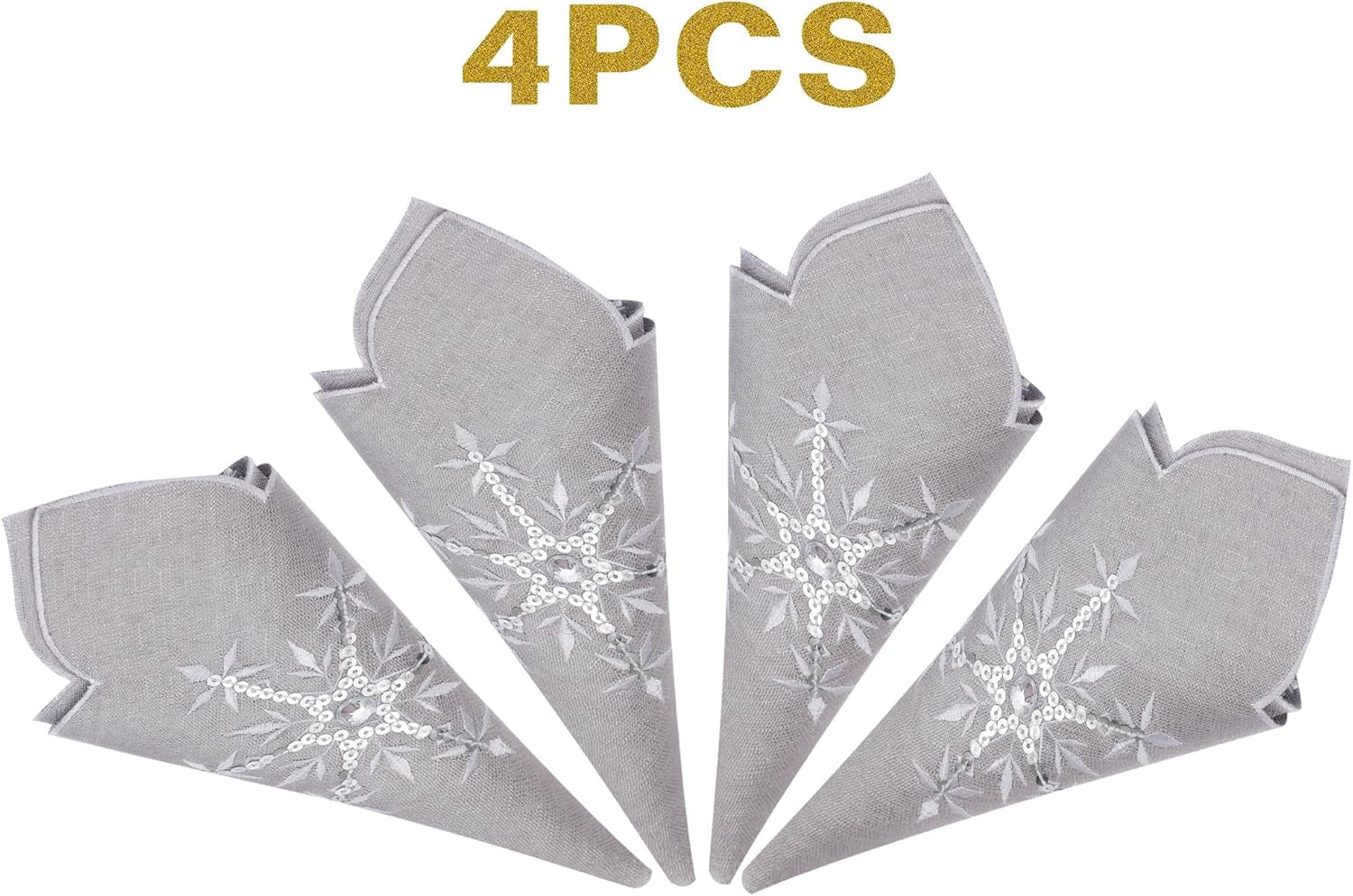 Christmas Table Napkins Cloth Set of 4, Embroidered Snowflake Napkins 18X18 Inch, Silver Napkins Glittering Sequins for Dinner, Xmas Holiday Napkins for Familiy Dinning, Grey, Machine Washable