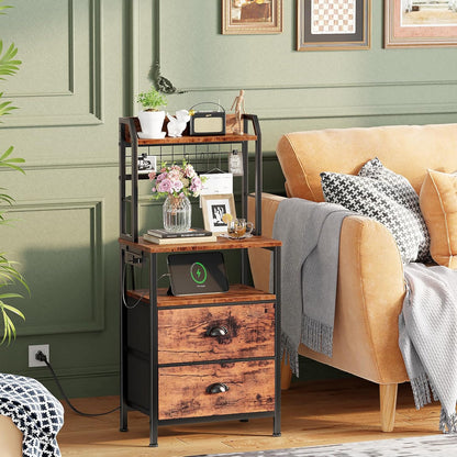 40'' Tall Nightstand with Charging Station, Bedside Table with LED Lights, End Table with 2 Drawers and Storage Shelves, Night Stand with Pegboard for Bedroom, Rustic Brown