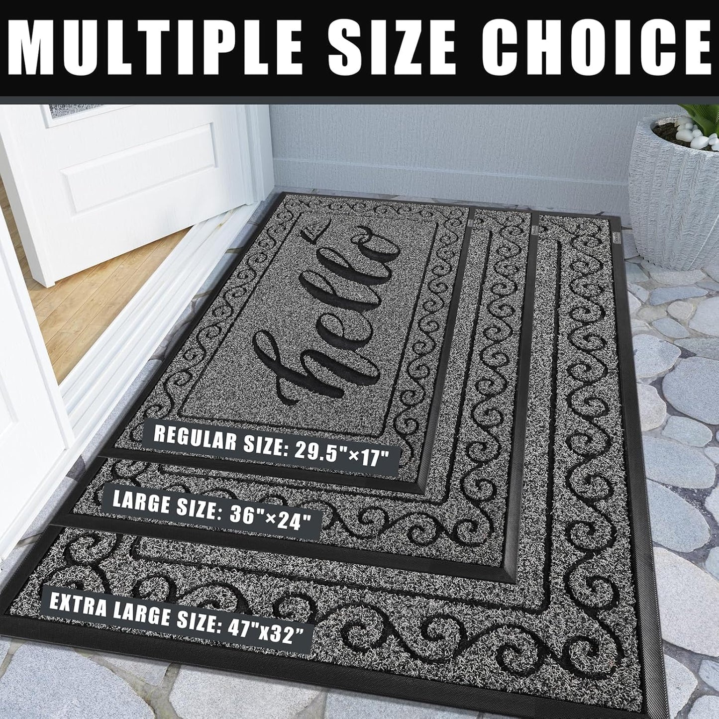 Hello Door Mat Outdoor Indoor, 100% Waterproof All-Season Welcome Mat, Washable Heavy Duty Front Door Mat, Stain and Fade Resistant, Low Profile, Easy Clean, 29.5 X 17, Black Gray