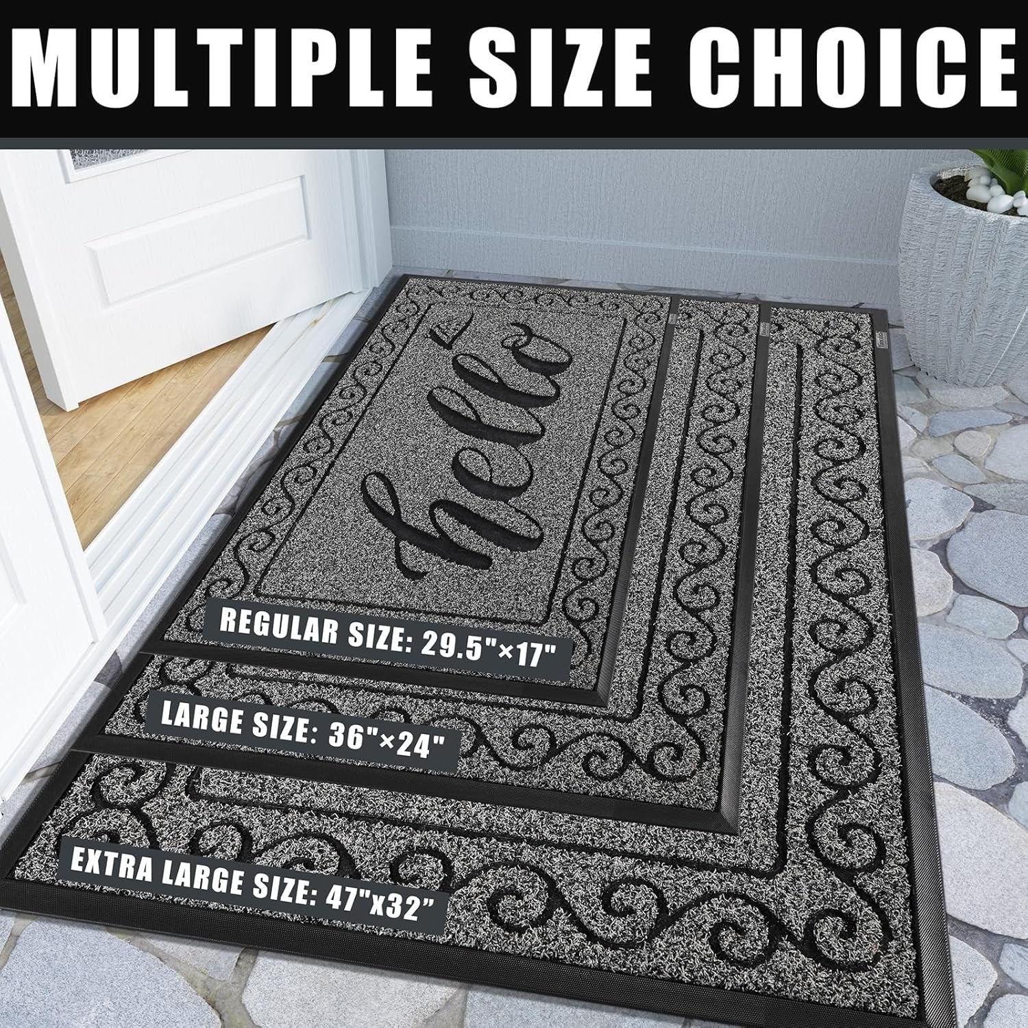 Hello Door Mat Outdoor Indoor, 100% Waterproof All-Season Welcome Mat, Washable Heavy Duty Front Door Mat, Stain and Fade Resistant, Low Profile, Easy Clean, 29.5 X 17, Black Gray