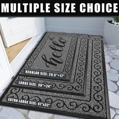 Hello Door Mat Outdoor Indoor, 100% Waterproof All-Season Welcome Mat, Washable Heavy Duty Front Door Mat, Stain and Fade Resistant, Low Profile, Easy Clean, 29.5 X 17, Black Gray