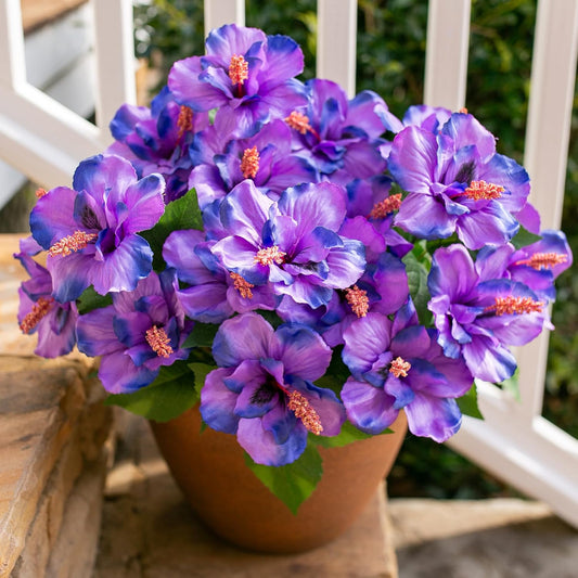 Fake Hibiscus Artificial Flowers Plants for Outdoors Decoration, 4 Bundles Silk Hibiscus Tropical Flowers Artificial Realistic UV Resistant Faux Flower for outside Planter Patio Porch Garden, Purple