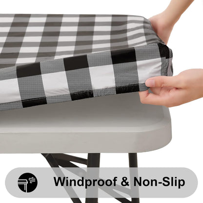 Waterproof Fitted Vinyl Tablecloth, 6FT Table Cover and round 36"-44" in Black and White, 2 Item Bundle