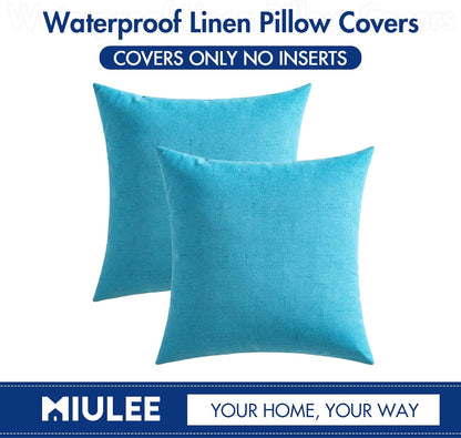 Pack of 2 Outdoor Throw Pillow Covers Waterproof Decorative Soft Pillowcases Linen Farmhouse Square Cushion Shams for Patio Balcony Couch Garden 18X18 Inch，Blue