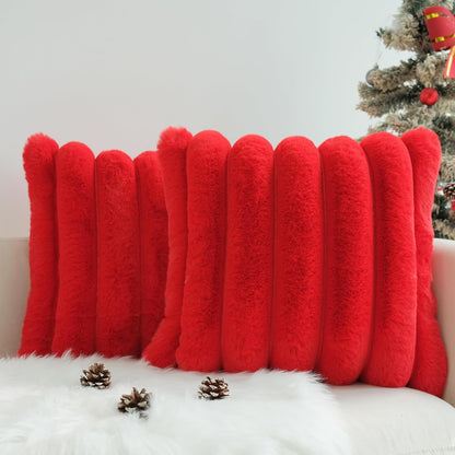Pack of 2 Faux Fur Plush Decorative Christmas Red Throw Pillow Covers Couch Cushion Case Soft Fluffy Pillowcases Wide Stripe (Red, 18 X 18 Inch)