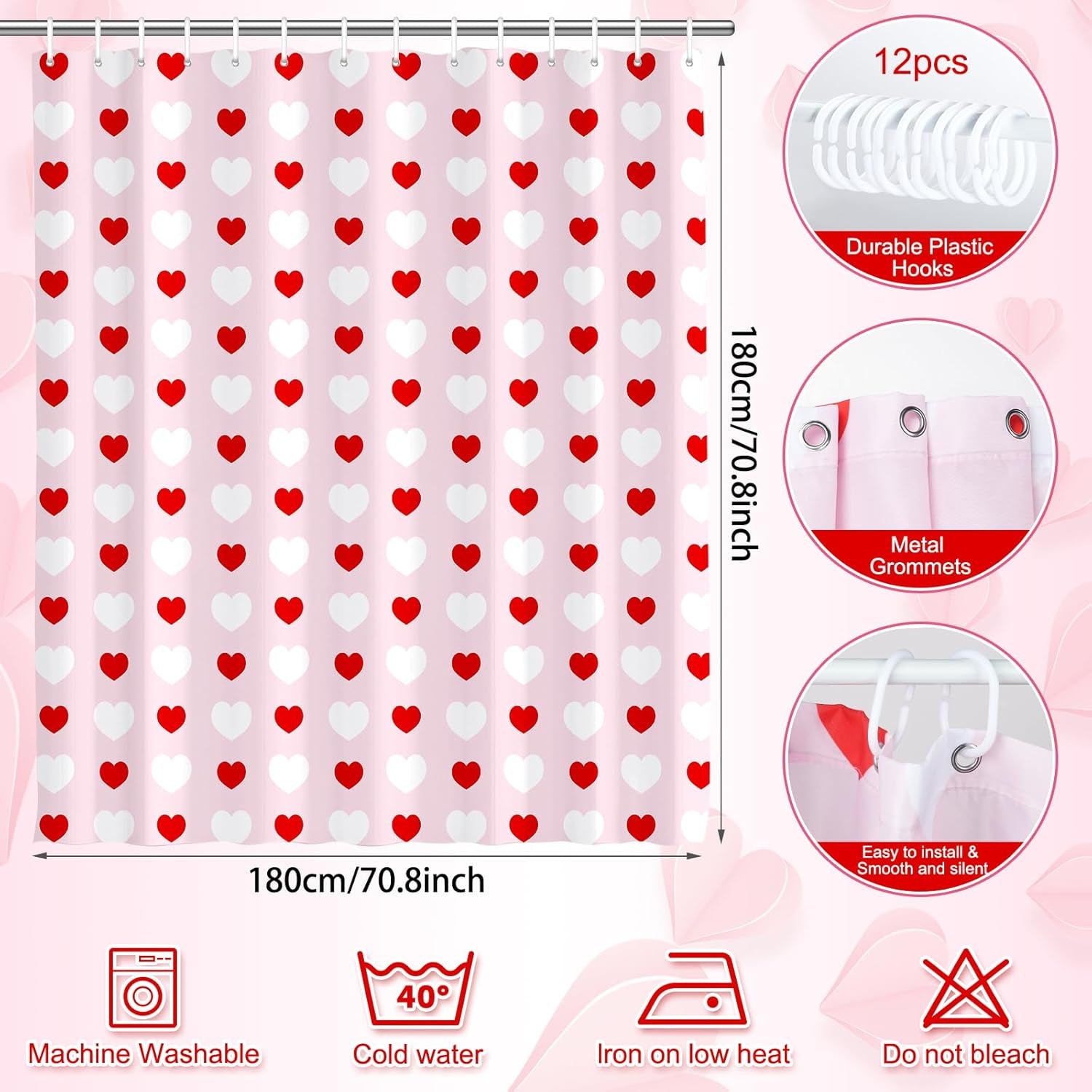 71 X 71 Inches Valentines Shower Curtain Red and White Love Heart Theme Romantic Bathroom Curtain Waterproof Polyester Curtain with Hooks Set for Valentine'S Bathroom Decorations
