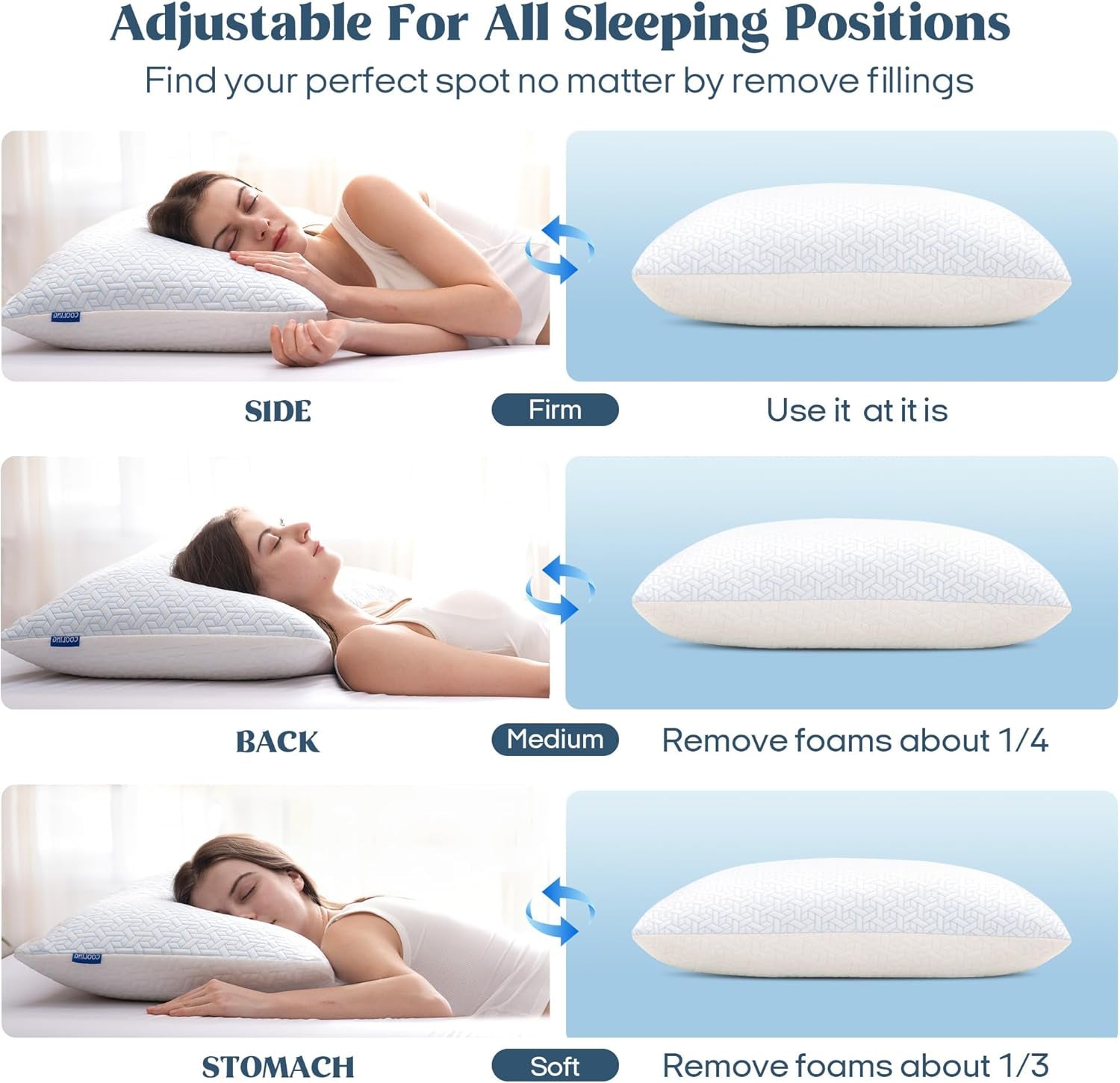 ® Queen Size Pillows Set of 2, Shredded Memory Foam Pillows, Cooling Queen Pillow 2 Pack, Adjustable Firm Bed Pillow for Sleeping, Side, Back and Stomach Sleepers