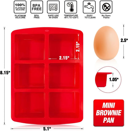 Mini Silicone Brownie Pan - 2 Piece 6-Cavity Non-Stick Square Baking Pan, Perfect for Mini Brownies, Cornbread, Muffin and Cakes, BPA Free and Dishwasher Safe