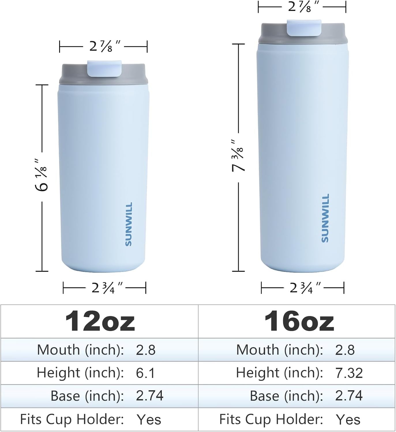 Insulated Coffee Mug with Lid, Leak Proof Tumbler Stainless Steel, 12 Oz Travel Cup for Office, Home, Powder Coated Iceberg