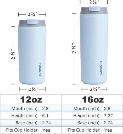 Insulated Coffee Mug with Lid, Leak Proof Tumbler Stainless Steel, 12 Oz Travel Cup for Office, Home, Powder Coated Iceberg