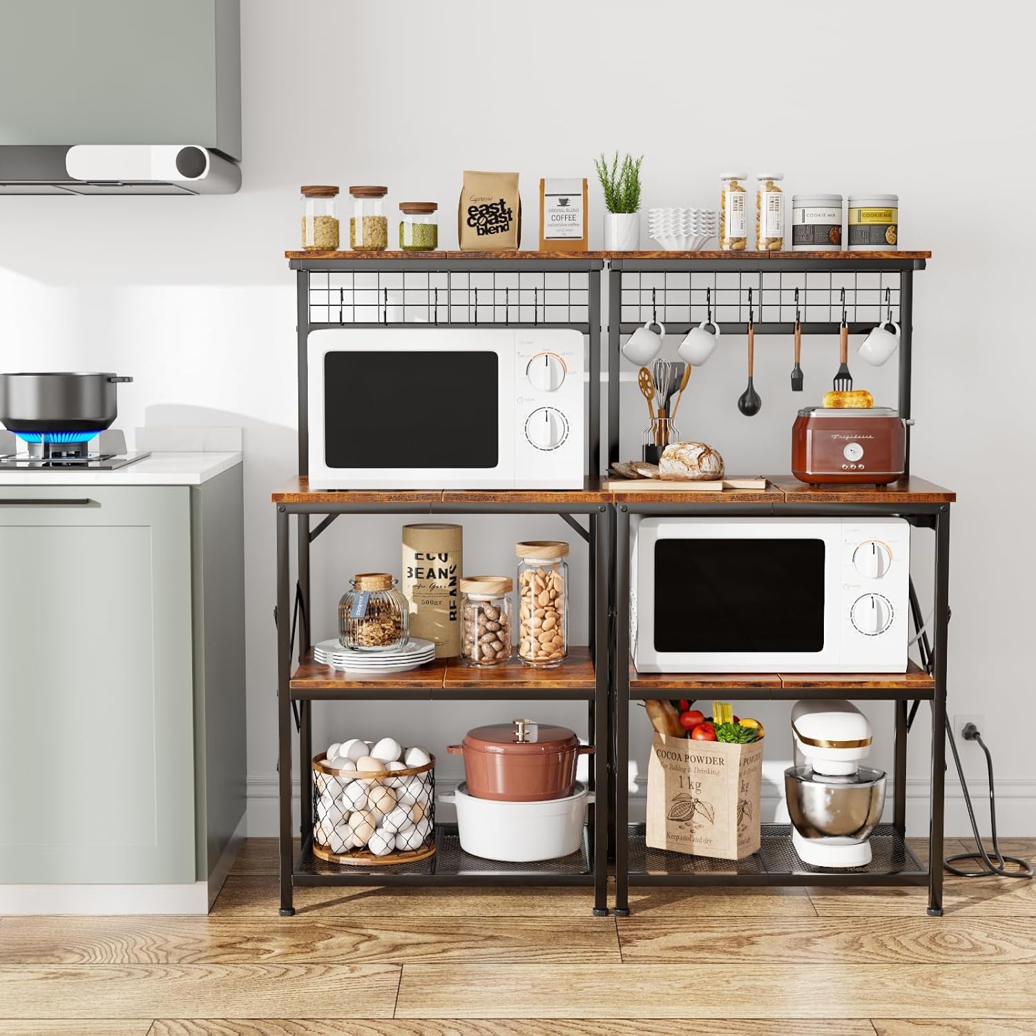 Kitchen Bakers Rack with Power Outlet, Microwave Oven Stand with Storage 4 Tiers, Coffee Bar Table with 6 S Hooks, Kitchen Storage Shelf Rack for Spices, Pots, Rustic Brown