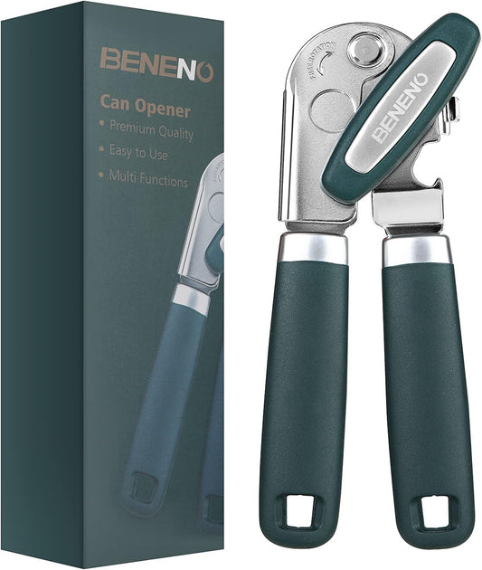 Can Opener Manual with Magnet, Hand Held Heavy Duty Can Opener with Durable Sharp Blade Smooth Edge, Big Effort-Saving Knob, Soft Grip Rubber Handle, Multifunctional Bottle Opener, Green