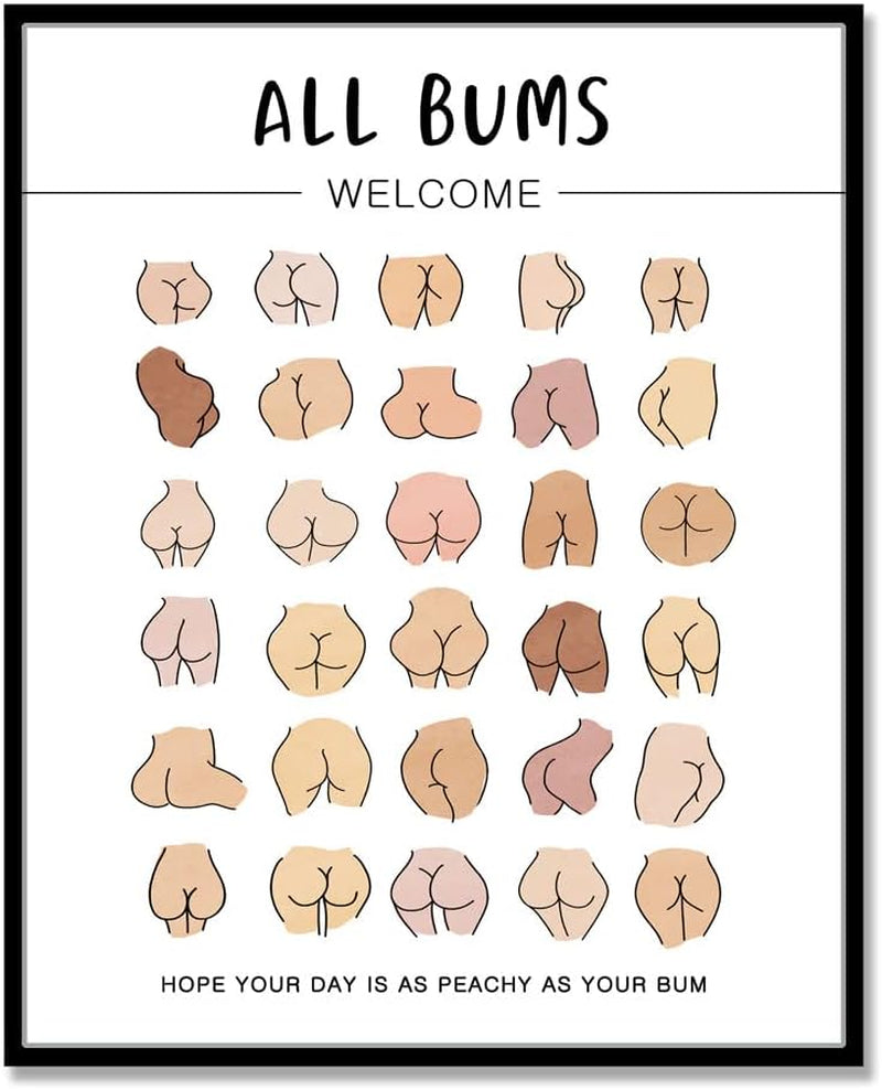 Body Positive Wall Art, Funny Bathroom Art, Self Love Print, All Bums Welcome, Cute Bathroom Butts, Bum Collage, Bathroom Wall Decor, No Framed (8X10 INCH)
