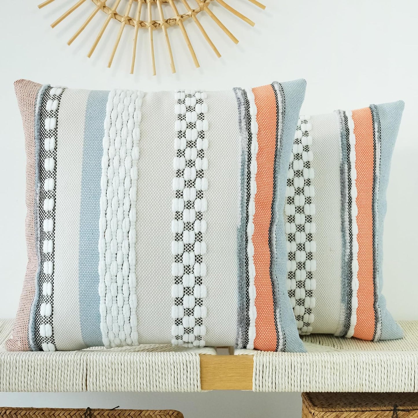 Pack of 2 Boho Throw Pillow Covers Accent Striped Pillowcovers Farmhouse Decorative Cushion Case Home Decor 18 X 18 Inch Orange Blue