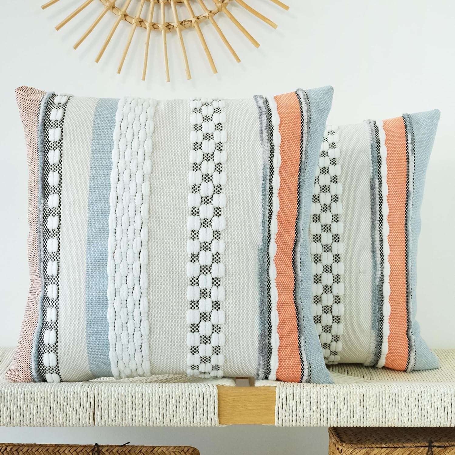 Pack of 2 Boho Throw Pillow Covers Accent Striped Pillowcovers Farmhouse Decorative Cushion Case Home Decor 18 X 18 Inch Orange Blue