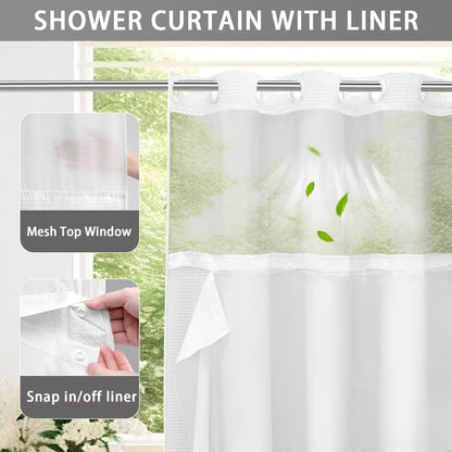 No Hook Shower Curtain with Snap in Fabric Liner Set Less Time White Waffle Shower Curtain for Bathroom 75" L X 48" W