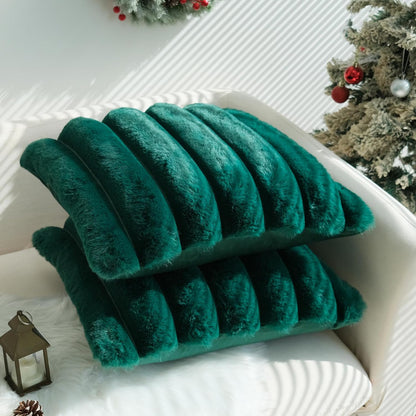 Pack of 2 Faux Fur Plush Decorative Throw Pillow Covers Couch Cushion Case Soft Fluffy Pillowcases Wide Stripe (Dark Green, 18 X 18 Inch)