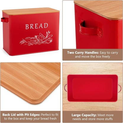 Bread Box for Kitchen Counter, Metal Bread Storage Bin with Wooden Cutting Lid, Large Capacity for Holding 2+ Loaves, Retro Modern Style, Size 13” X 7.2” X 9.7”, Red